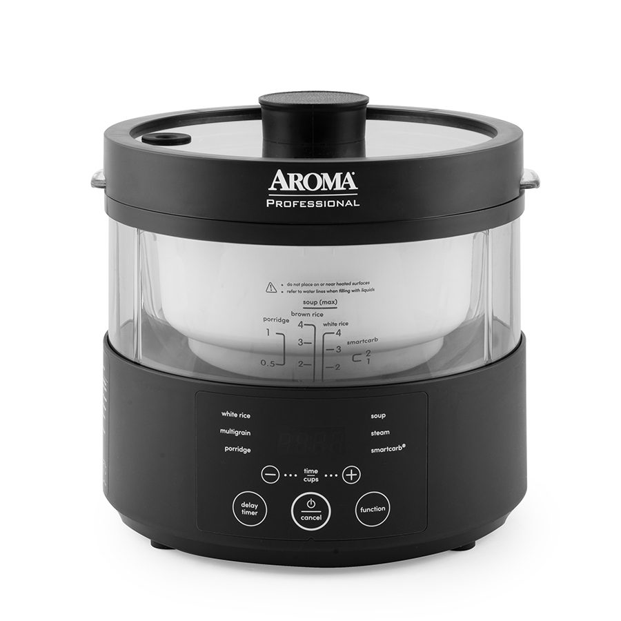 Aroma Housewares Professional 8-Cup (Cooked) SMARTCARB Multicooker and Flavor-Lock Food Steamer for Low-Carb Rice and Grains, Glass Inner Pot, Black